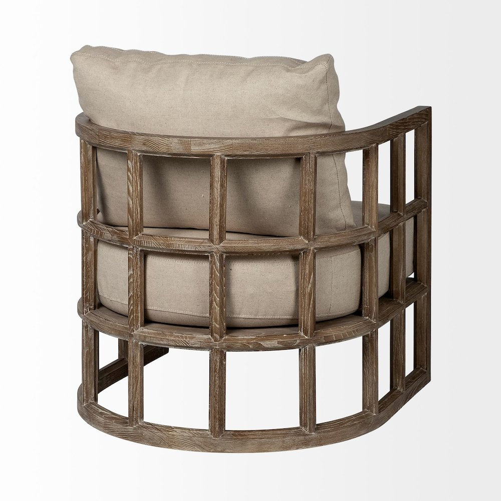 Tan Fabric Covered Cushioned Demi-Lune Wooden Frame Accent Chair
