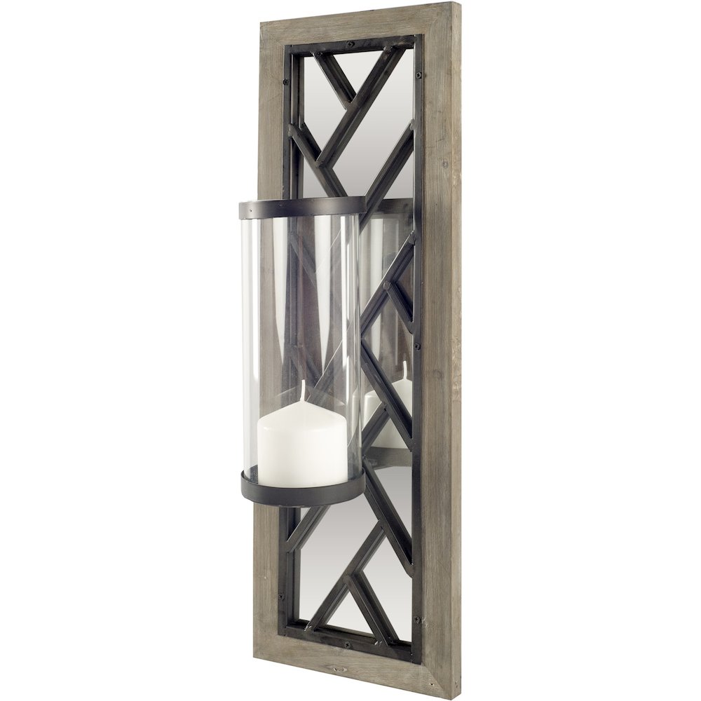 Benj24"H Brown Wood Frame Black Metal Accent Mirrored Wall Candle Holder