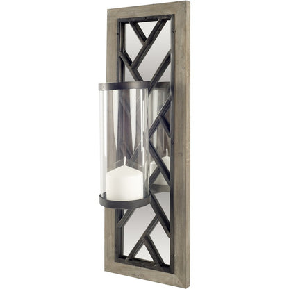Benj24"H Brown Wood Frame Black Metal Accent Mirrored Wall Candle Holder