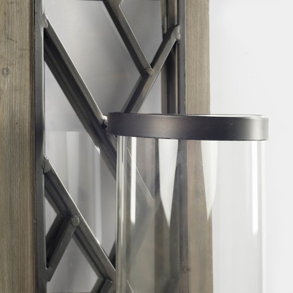Benj24"H Brown Wood Frame Black Metal Accent Mirrored Wall Candle Holder