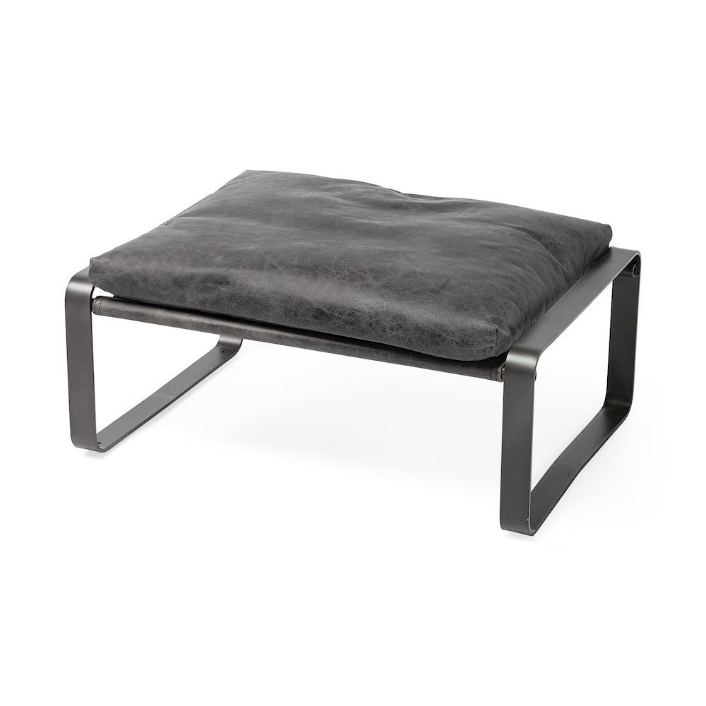 Hornet 14"H Black Leather Black Metal Base Ottoman