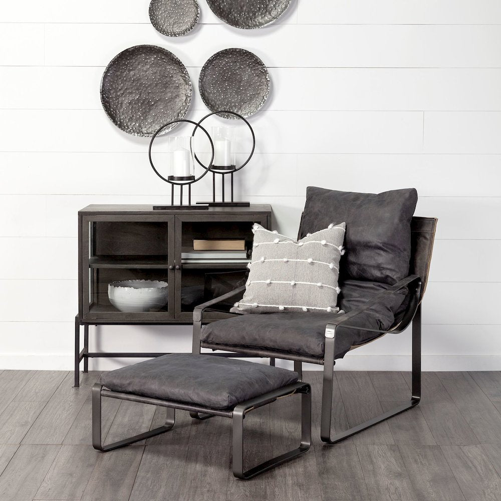 Hornet 14"H Black Leather Black Metal Base Ottoman