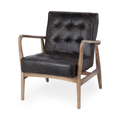 Black Leather Brown Wooden Frame Accent Chair