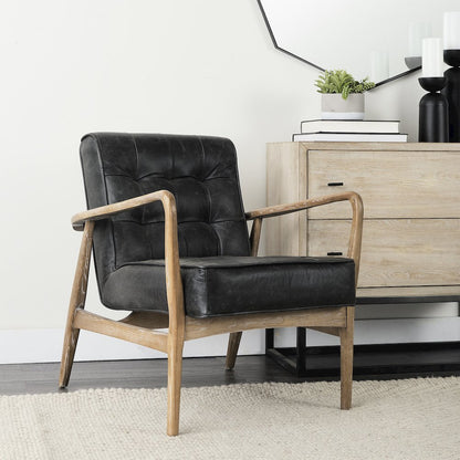 Black Leather Brown Wooden Frame Accent Chair