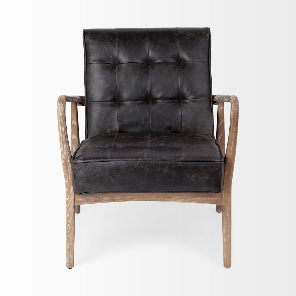 Black Leather Brown Wooden Frame Accent Chair