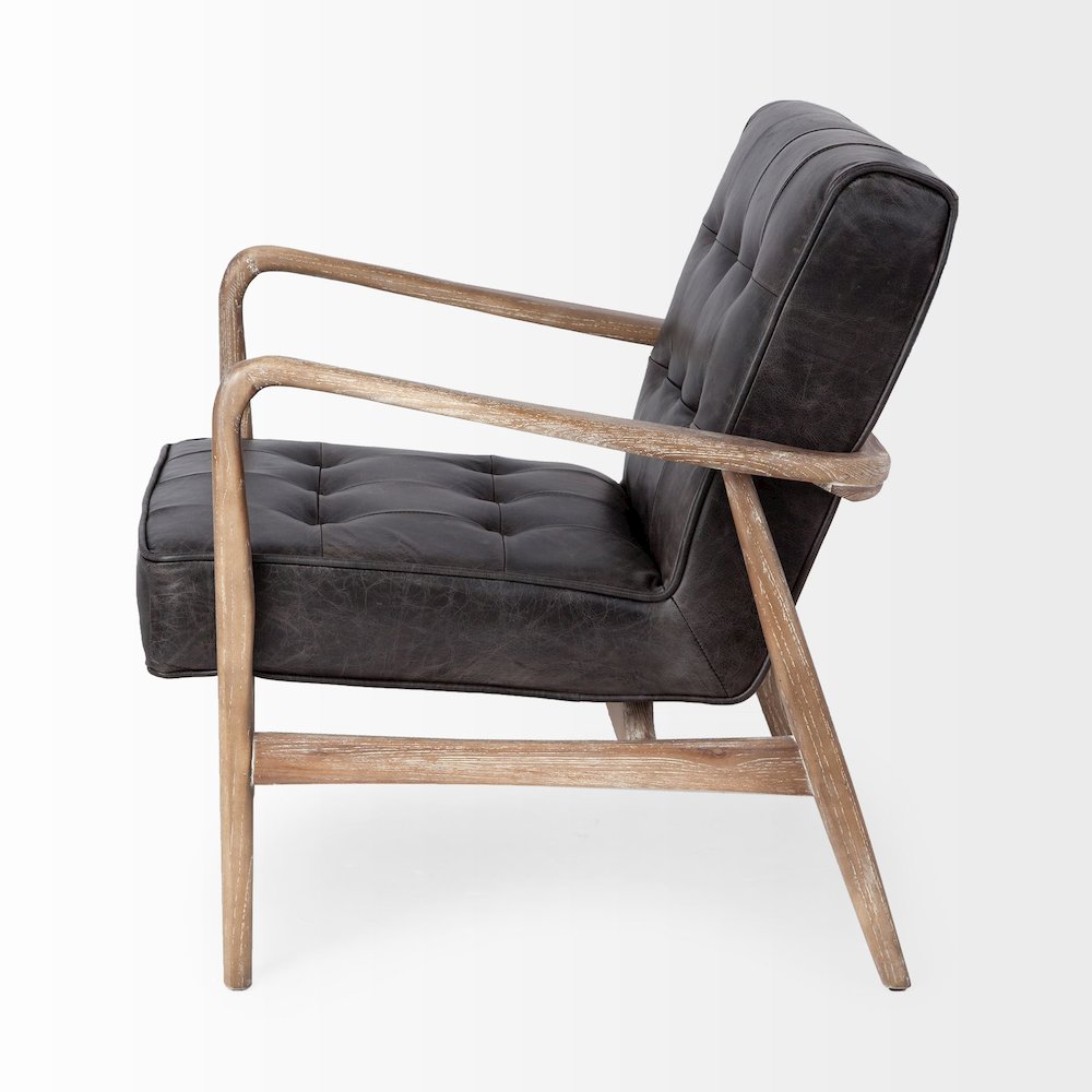Black Leather Brown Wooden Frame Accent Chair