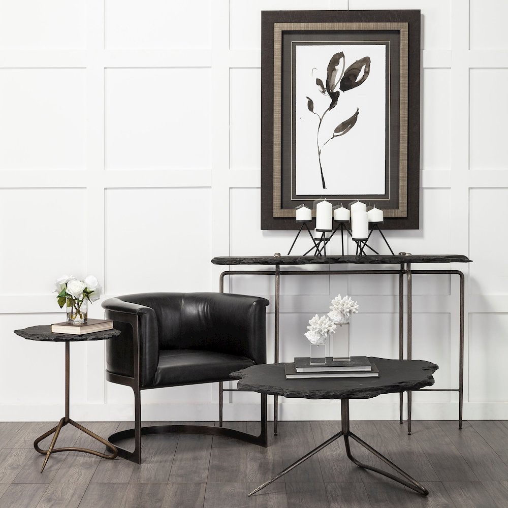 19L X 19W Black Slate Top Triangular Iron Base Accent Table