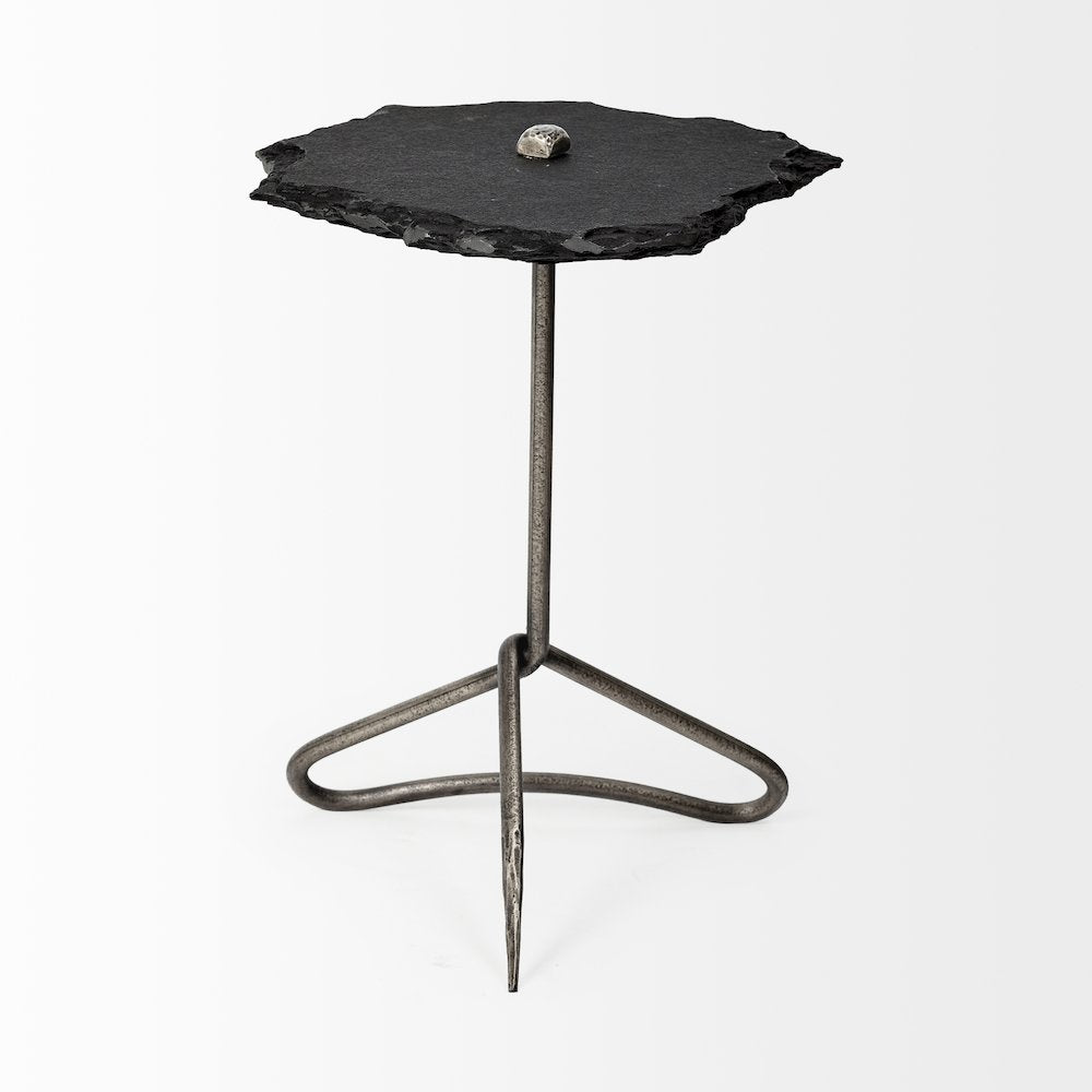 19L X 19W Black Slate Top Triangular Iron Base Accent Table
