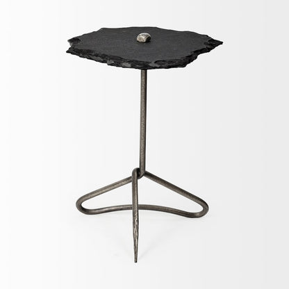 19L X 19W Black Slate Top Triangular Iron Base Accent Table