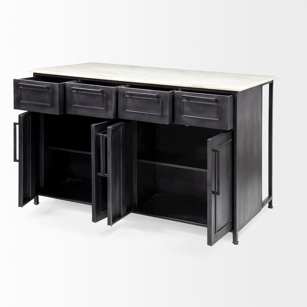 FierSolid Iron Black Body White Marble Top Four Drawer Kitchen Island