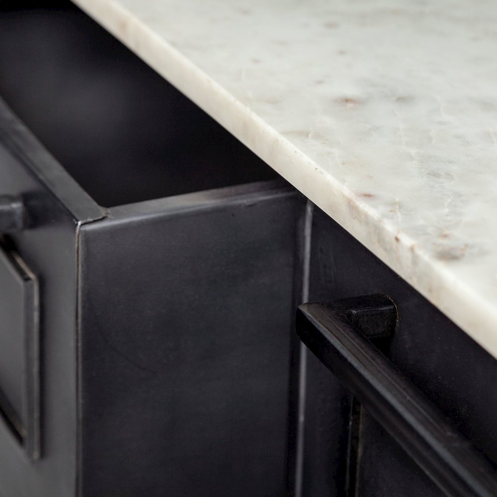 FierSolid Iron Black Body White Marble Top Four Drawer Kitchen Island