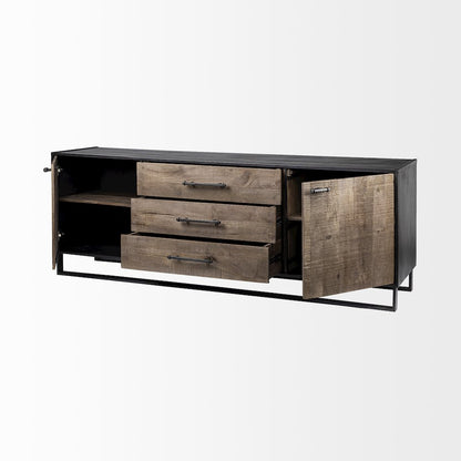 82X20 Brown Solid Wood With Black Metal Frame 3 Drawer 2 Cabinet Door Sideboard