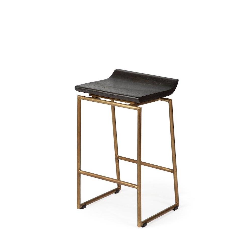 24.25" Seat Height Brown Wood Seat Gold Metal Frame Stool
