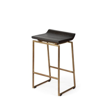 24.25" Seat Height Brown Wood Seat Gold Metal Frame Stool