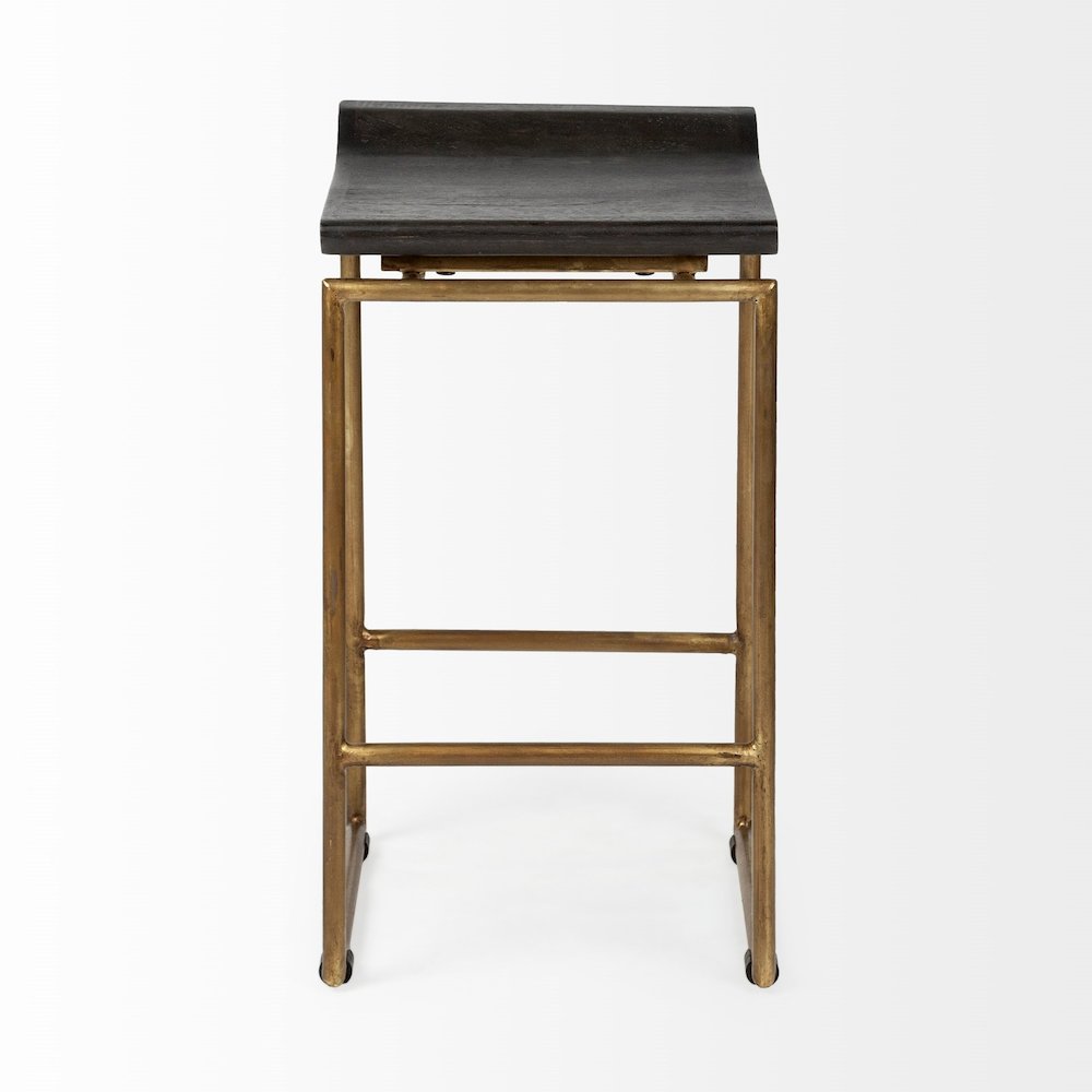24.25" Seat Height Brown Wood Seat Gold Metal Frame Stool