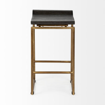 24.25" Seat Height Brown Wood Seat Gold Metal Frame Stool