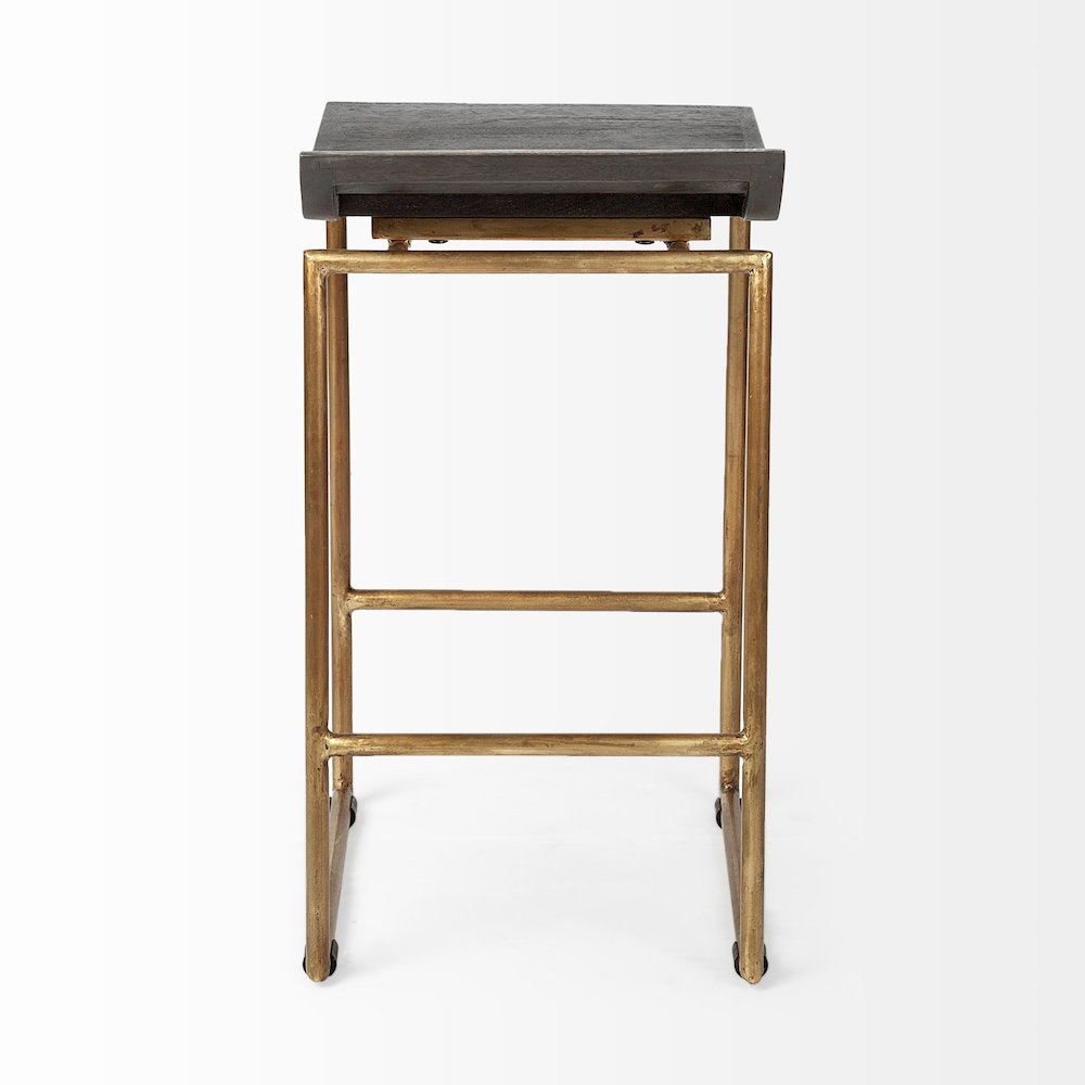 24.25" Seat Height Brown Wood Seat Gold Metal Frame Stool