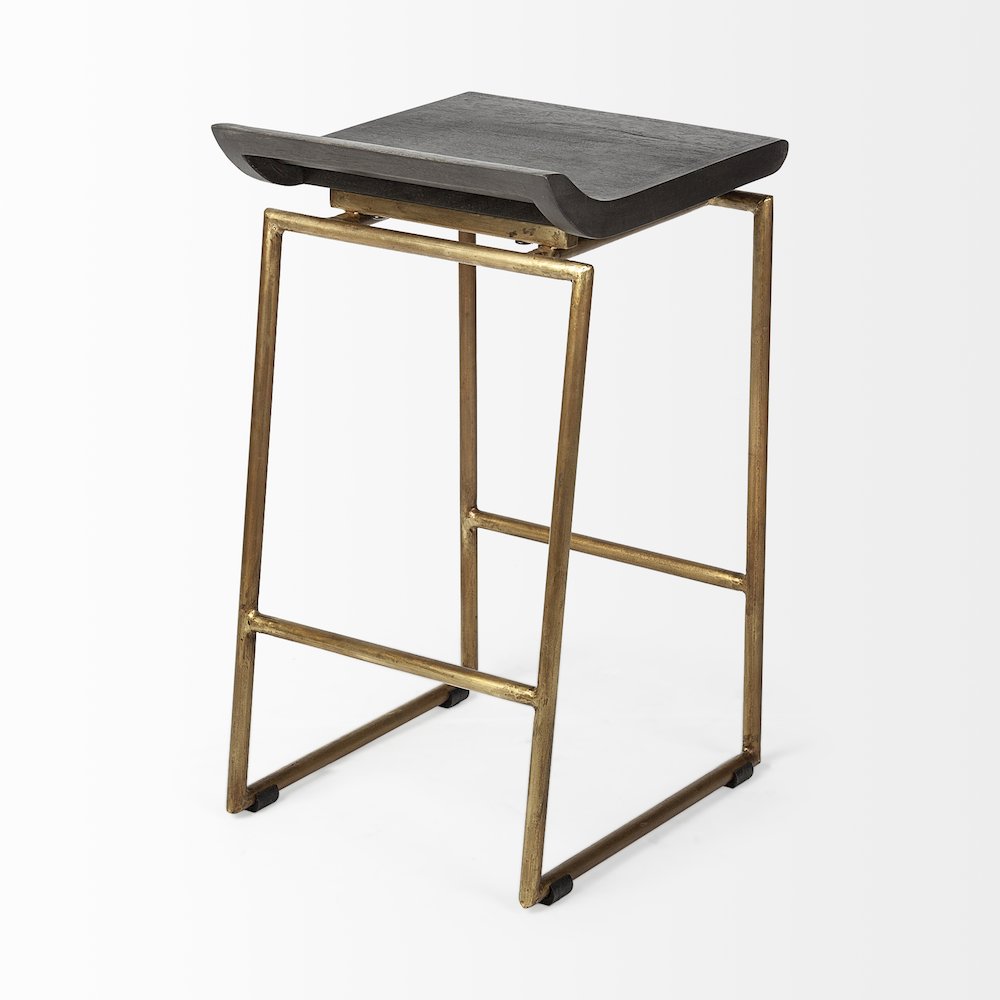 24.25" Seat Height Brown Wood Seat Gold Metal Frame Stool