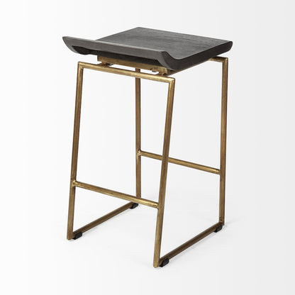 24.25" Seat Height Brown Wood Seat Gold Metal Frame Stool