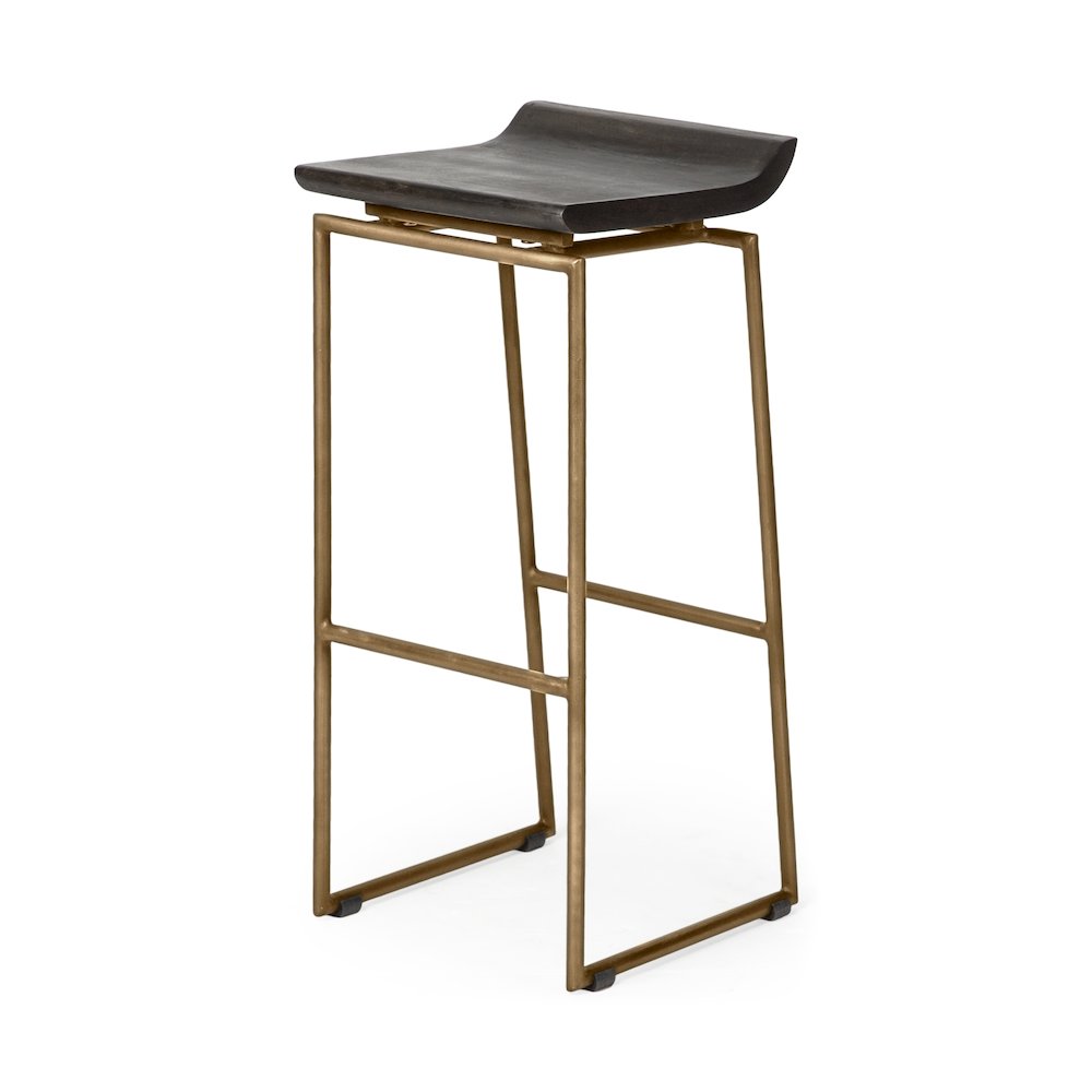 30.25" Seat Height Brown Wood Seat Gold Metal Base Stool