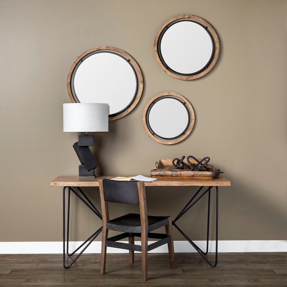 Jos19" Brown Wood and Black Metal Frame Mirror