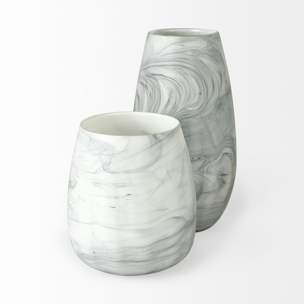 Volta Short Gray Cream Glass Abstract Pattern Vase