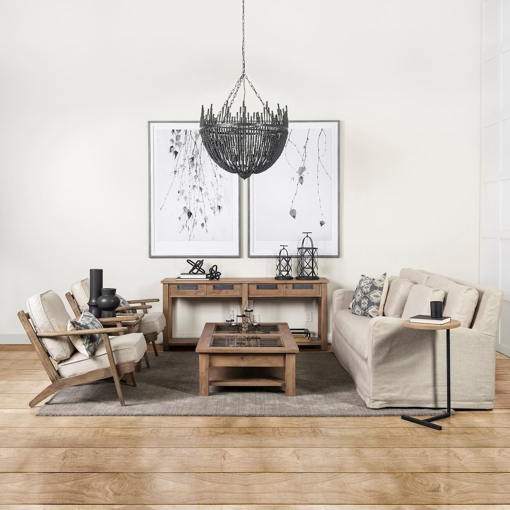 Beige Fabric Wrapped Wooden Frame Accent Chair