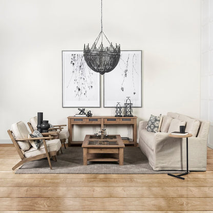 Beige Fabric Wrapped Wooden Frame Accent Chair