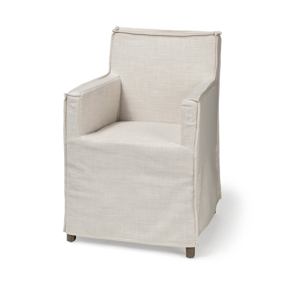 Cream Fabric Slip-Cover Brown Wood Frame Dining Chair