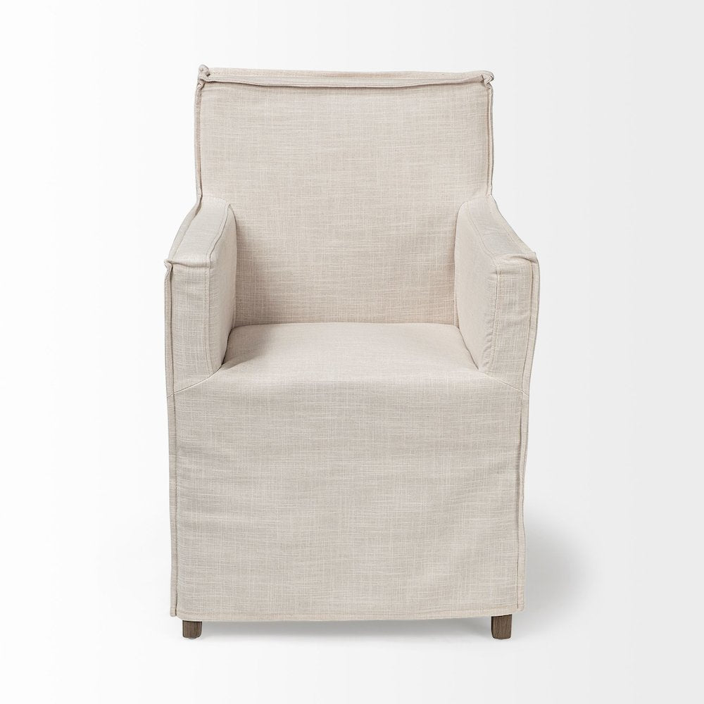 Cream Fabric Slip-Cover Brown Wood Frame Dining Chair