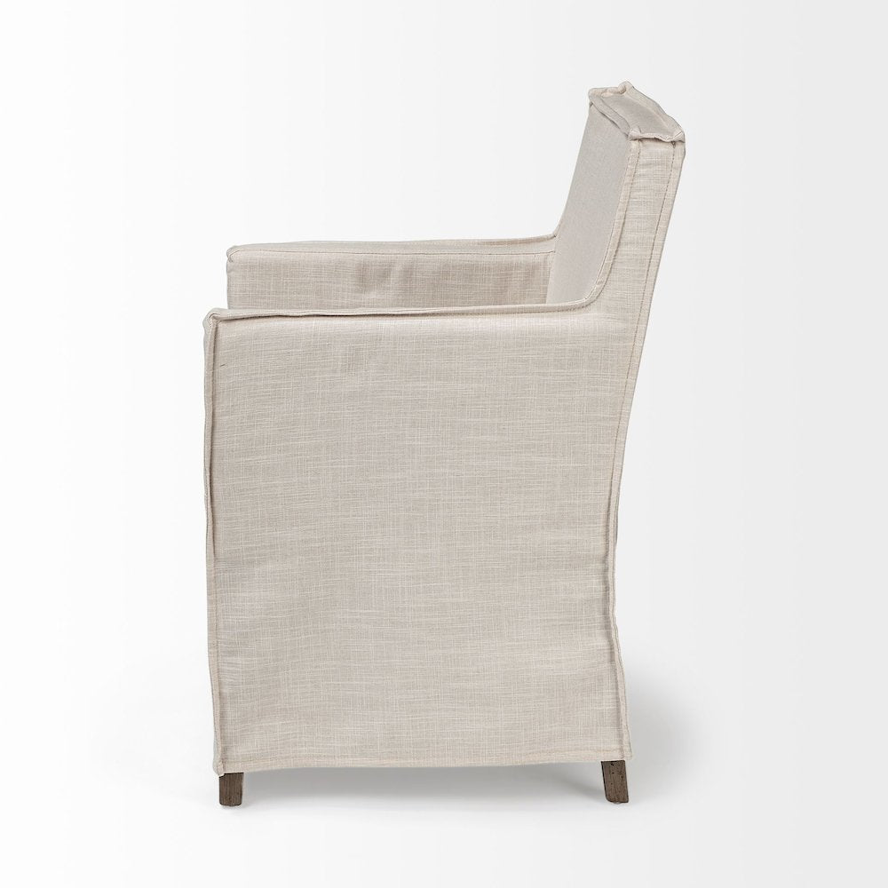 Cream Fabric Slip-Cover Brown Wood Frame Dining Chair