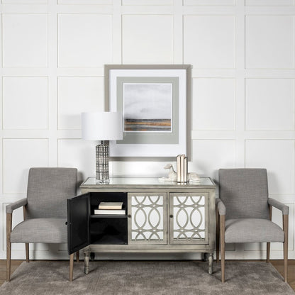 Grey Fabric Wrap Brown Wooden Frame Dining Chair