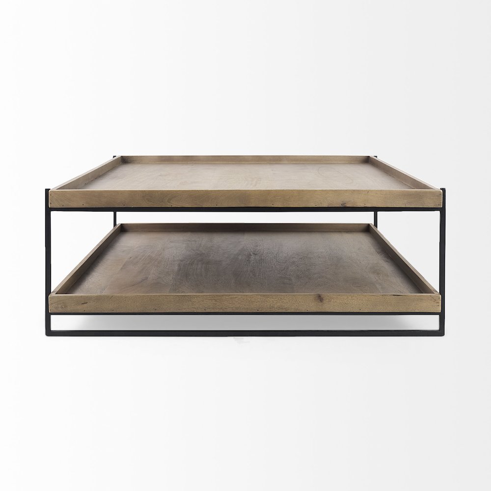 Rectangular Brown Solid Wood Top Table Black Metal Frame Two-Tier Coffee Table