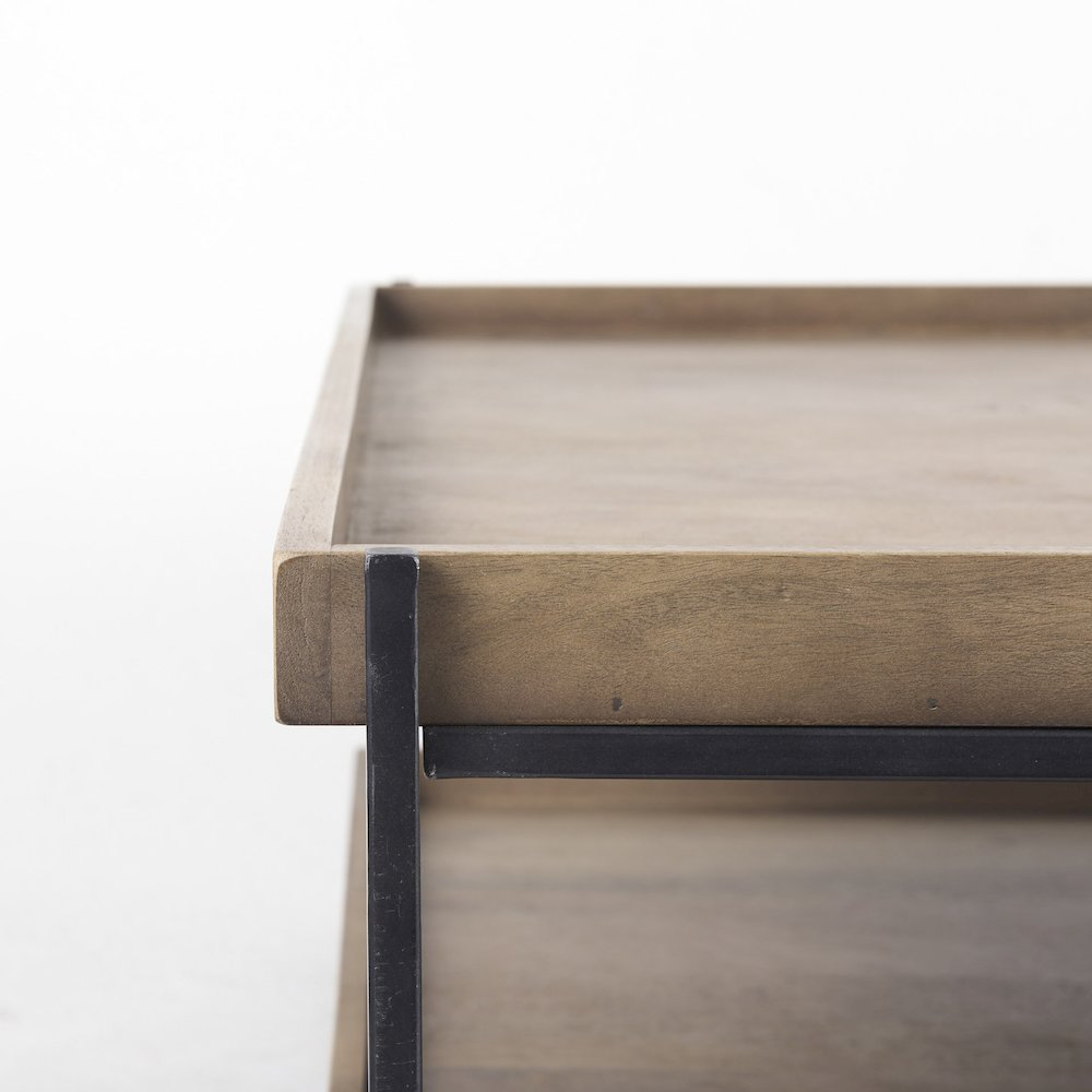 Rectangular Brown Solid Wood Top Table Black Metal Frame Two-Tier Coffee Table
