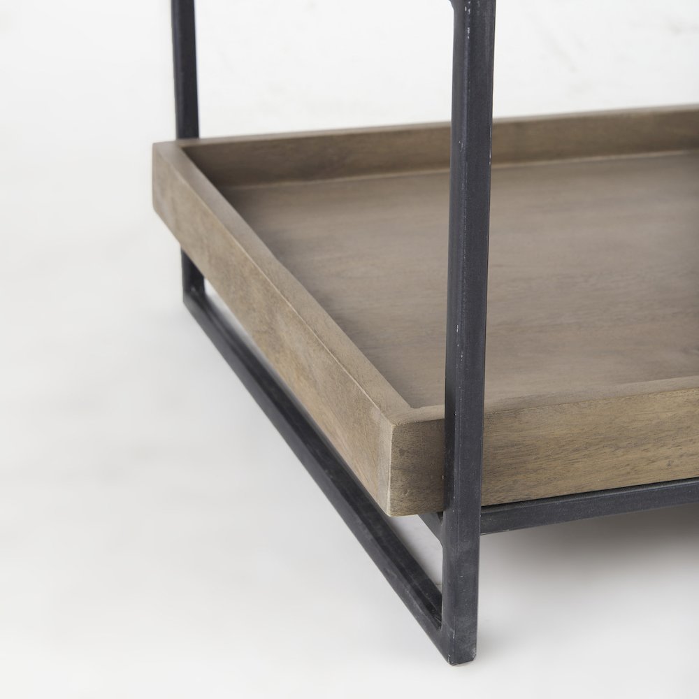 Square Medium Brown Wooden Three-Tiered Black Iron Frame End/Side Table