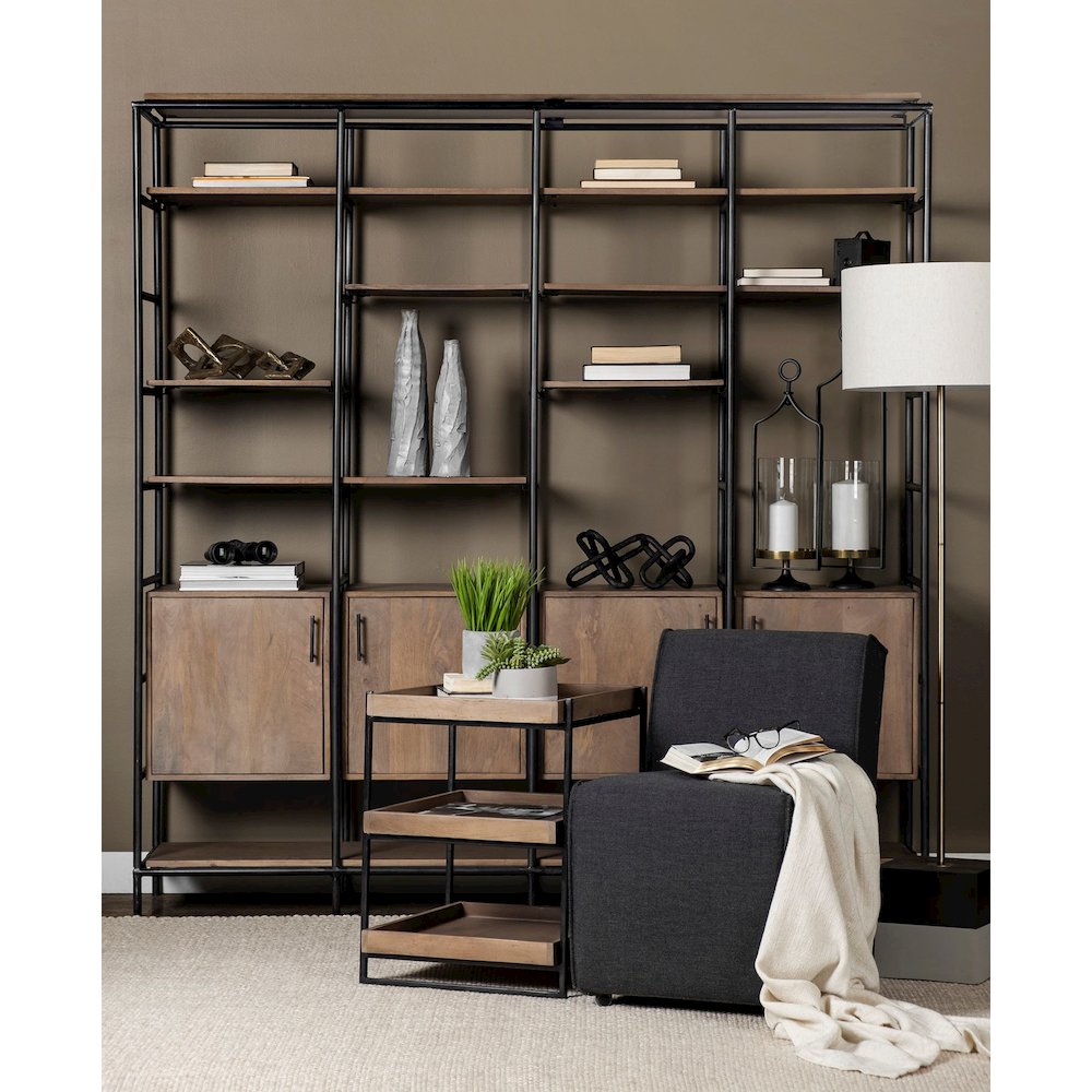 Square Medium Brown Wooden Three-Tiered Black Iron Frame End/Side Table
