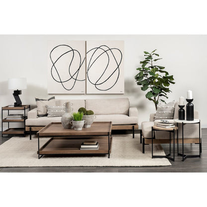 Square Medium Brown Wooden Three-Tiered Black Iron Frame End/Side Table