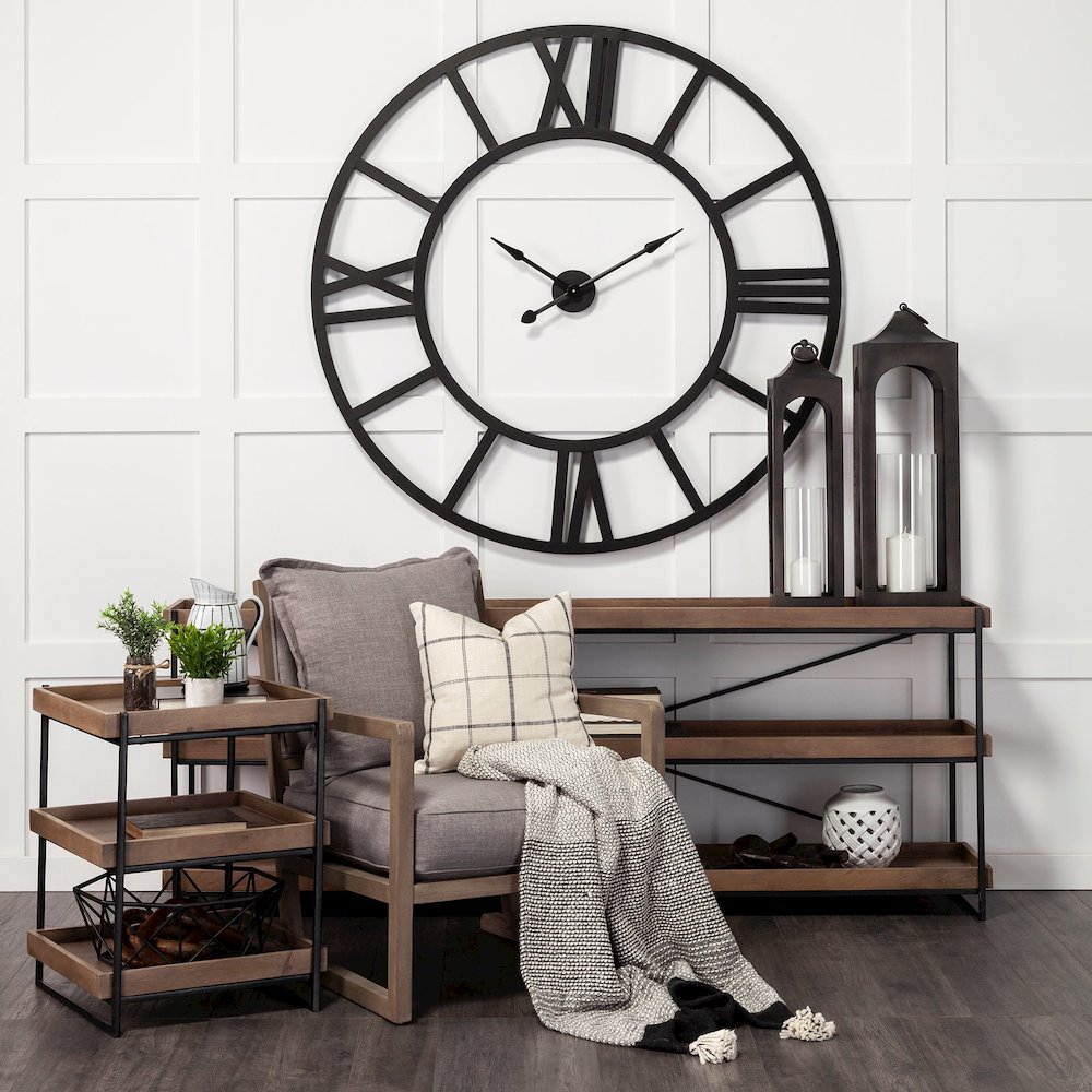 Square Medium Brown Wooden Three-Tiered Black Iron Frame End/Side Table