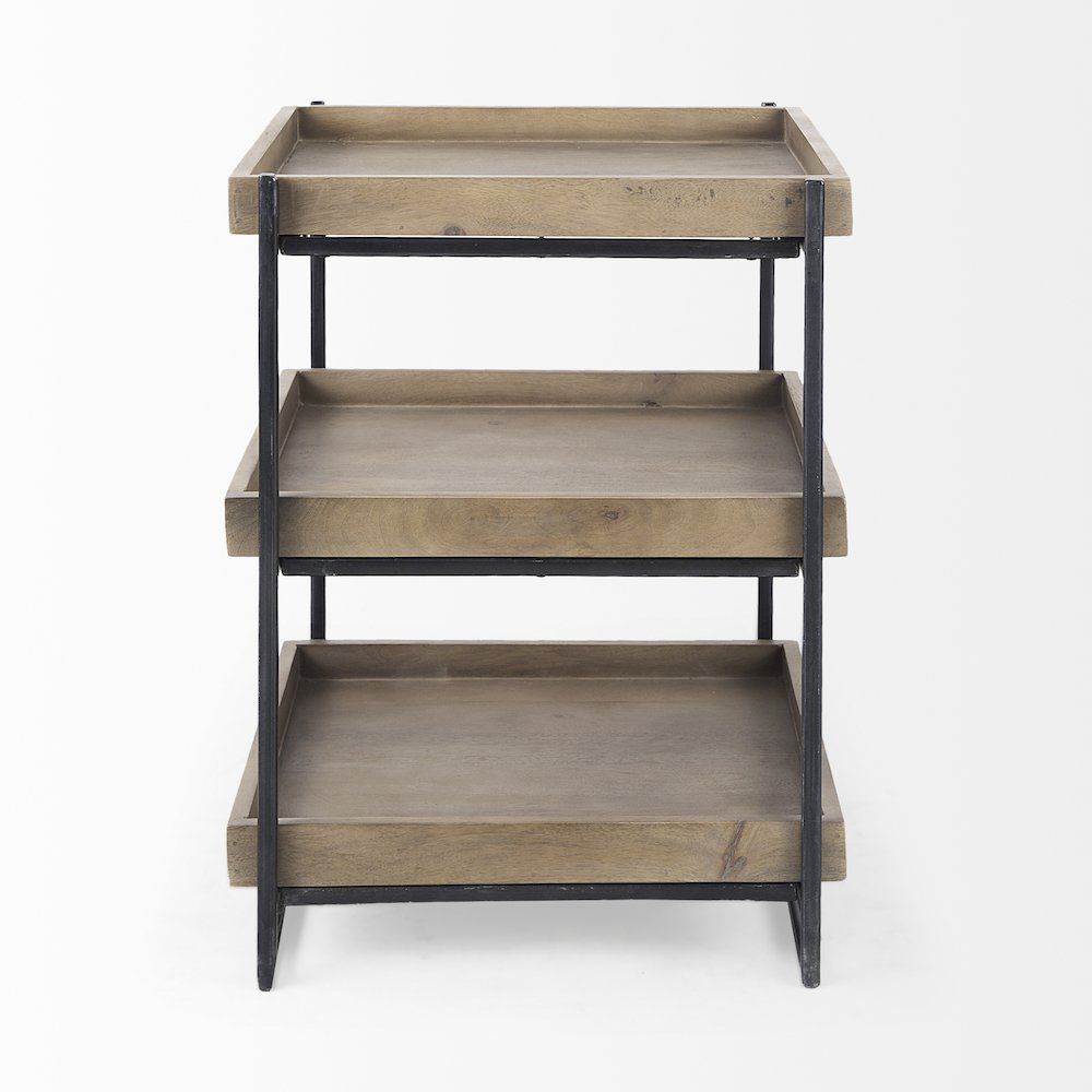 Square Medium Brown Wooden Three-Tiered Black Iron Frame End/Side Table