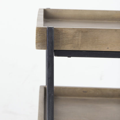 Square Medium Brown Wooden Three-Tiered Black Iron Frame End/Side Table