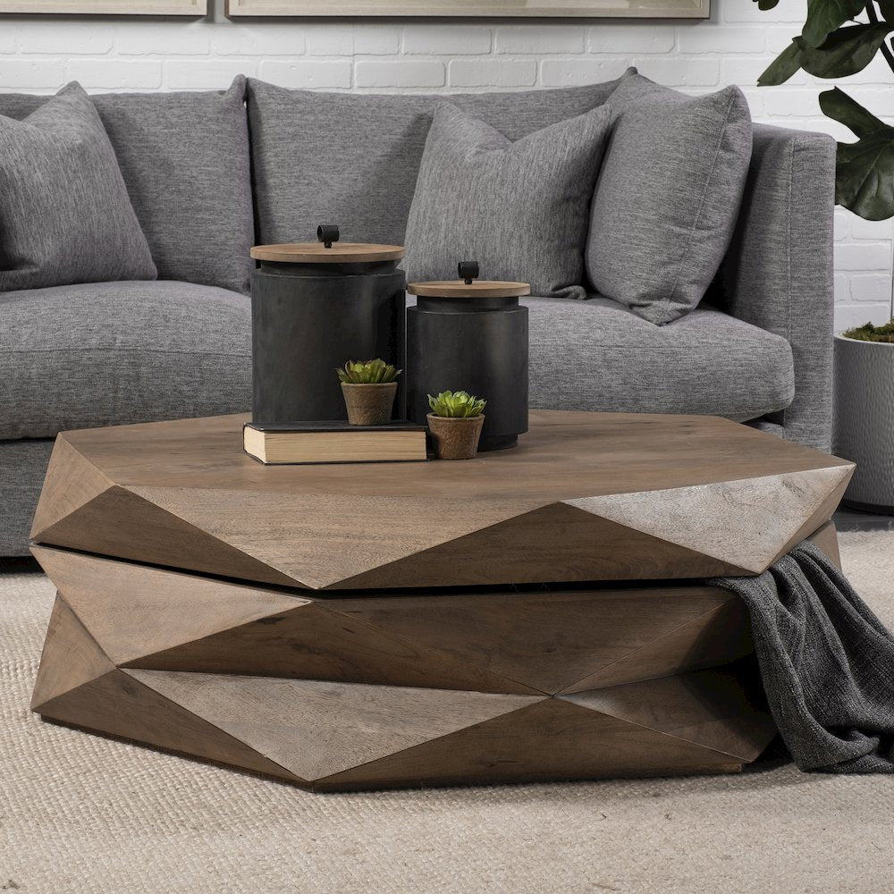 Hexagonal Hinged Solid Wood Top And Base Coffee Table