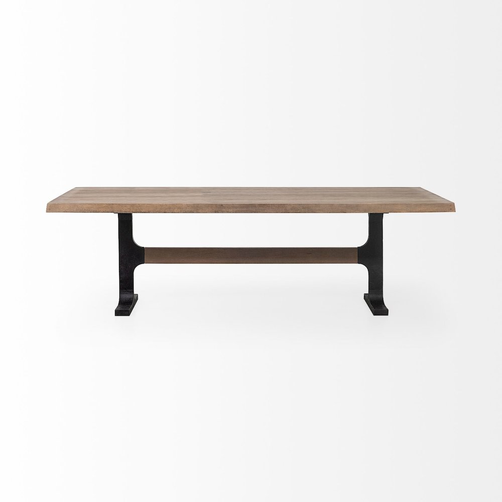 Rectangular Brown Solid Wood Top Black Metal Base Dining Table