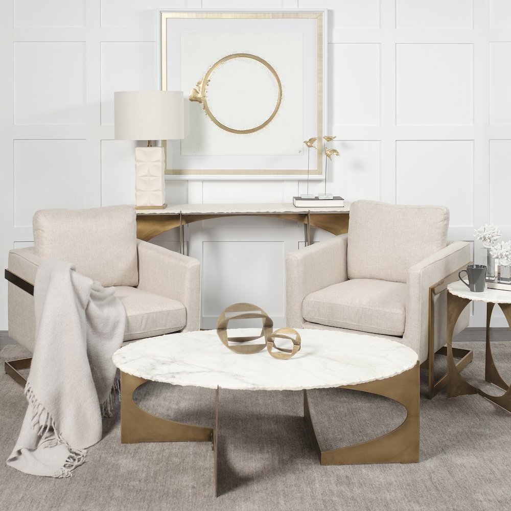 49" Round White Marble Top Gold Metal Base Coffee Table