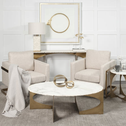 49" Round White Marble Top Gold Metal Base Coffee Table