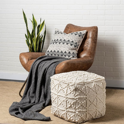 Leroy Square Cream Wool Pouf Popcorn Detail