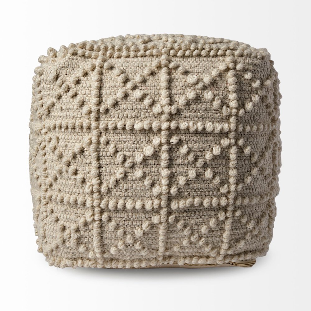 Leroy Square Cream Wool Pouf Popcorn Detail