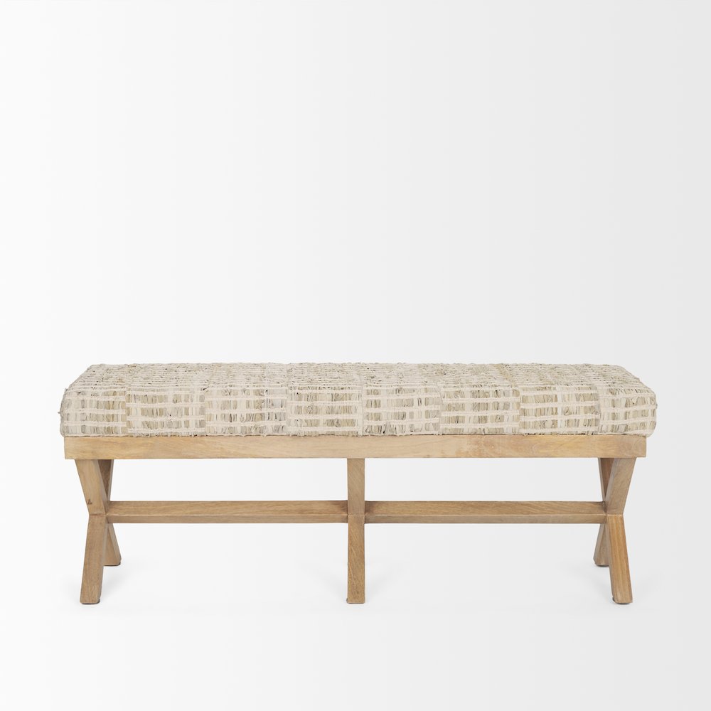 50L X 16W Brown Base Beige Woven Leather Cushion Accent Bench