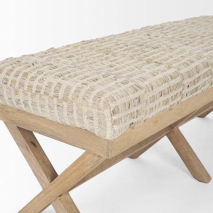 50L X 16W Brown Base Beige Woven Leather Cushion Accent Bench