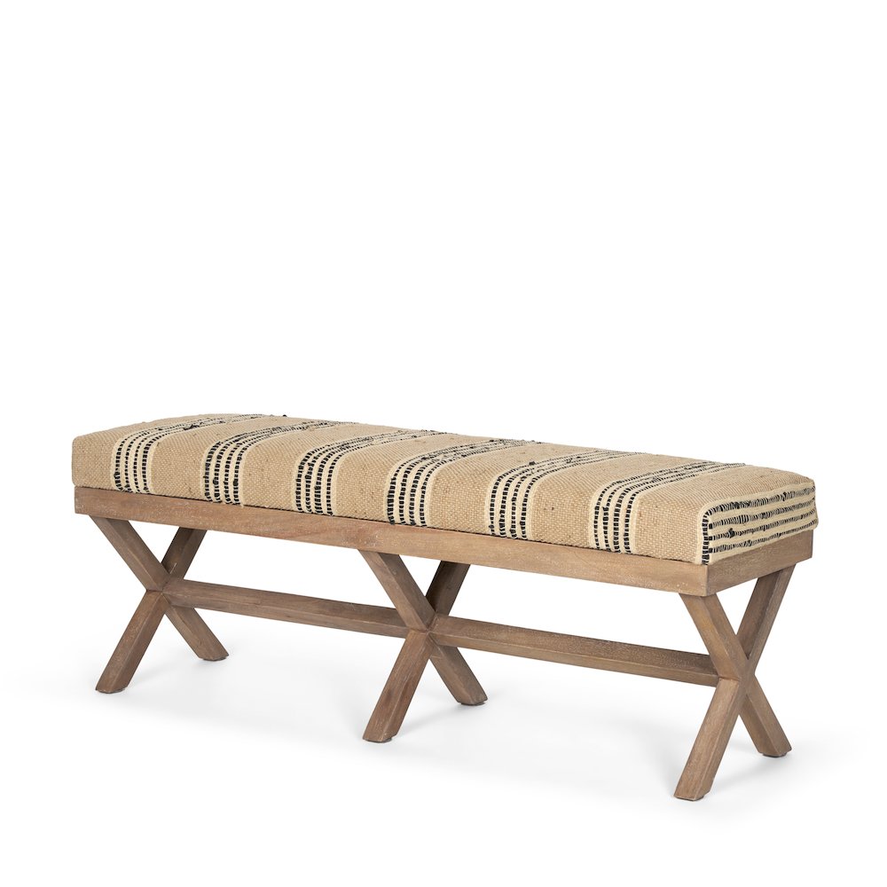 50L X 16W Brown Base Upholstered Beige/Black Stripe Seat Accent Bench