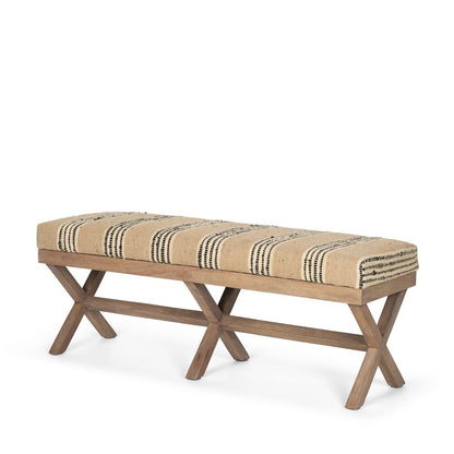 50L X 16W Brown Base Upholstered Beige/Black Stripe Seat Accent Bench
